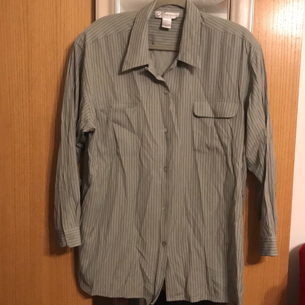 Dress Barn 18/20W olive and black striped button up blouse with shoulder pads